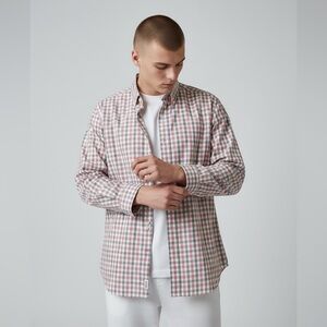 Egara Men’s long sleeve button-down shirt, large NWOT. Red, white black check.